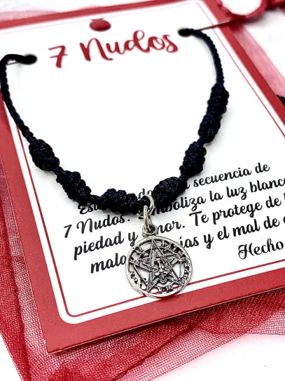 Tobillera negra de los 7 nudos de protección y Tetragramatón de plata