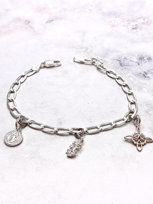 Polsera TOP triple protecció de plata: Nus de Bruixa, Creu de Caravaca i Medalla de Sant Benet