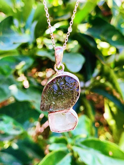 Collar Portal Estelar ✨ de Moldavita y Cuarzo Herkimer de plata | Protección