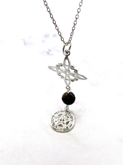 Collar triple protección de plata: Nudo de Bruja y Tetragramatón - Ojo de Tigre