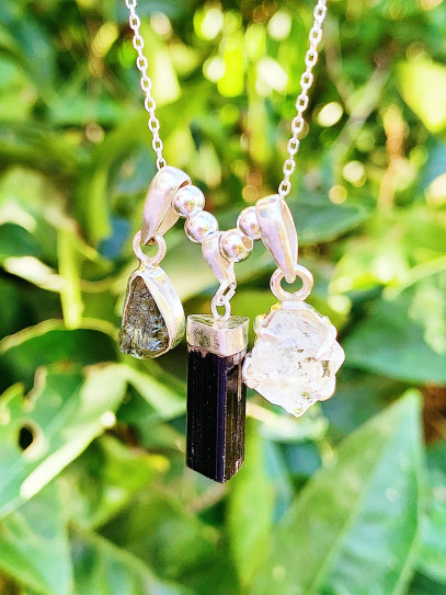 Collar triple protección definitiva de plata | Cuarzo Herkimer, Moldavita y Turmalina negra