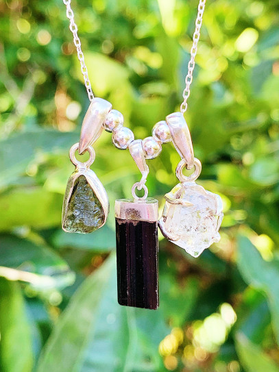 Collar triple protección definitiva de plata | Cuarzo Herkimer, Moldavita y Turmalina negra