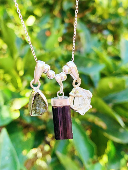 Collar triple protección definitiva de plata | Cuarzo Herkimer, Moldavita y Turmalina negra