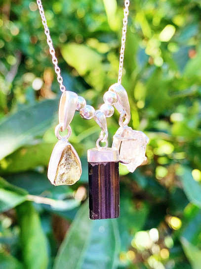 Collar triple protección definitiva de plata | Cuarzo Herkimer, Moldavita y Turmalina negra