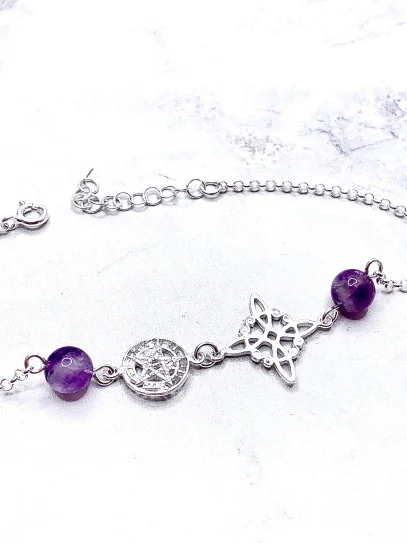 Triple protection silver bracelet: Witches Knot and Tetragrammaton with Amethyst