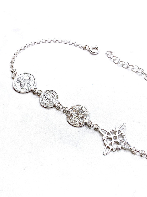 Pulsera 4 Protecciones ✨ Nudo de Bruja, Tetragramatón, San Benito y San Judas Tadeo