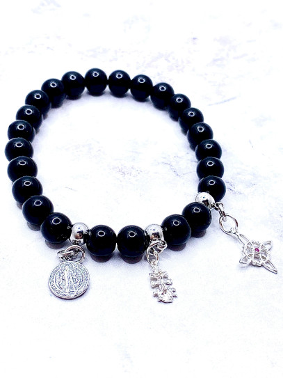 Triple protection 8mm silver bracelet: Witches Knot, Caravaca Cross and Saint Benedict with Tourmaline
