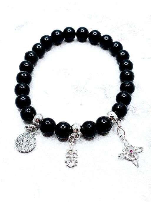 Triple protection 8mm silver bracelet: Witches Knot, Caravaca Cross and Saint Benedict with Tourmaline