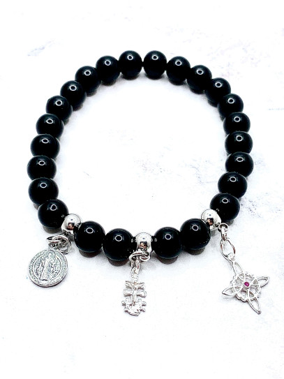 Triple protection 8mm silver bracelet: Witches Knot, Caravaca Cross and Saint Benedict with Tourmaline