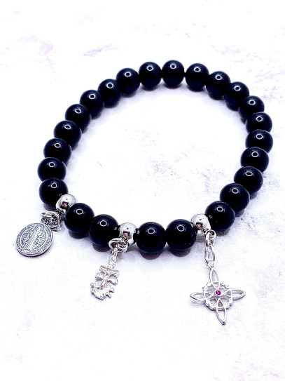 Triple protection 8mm silver bracelet: Witches Knot, Caravaca Cross and Saint Benedict with Tourmaline