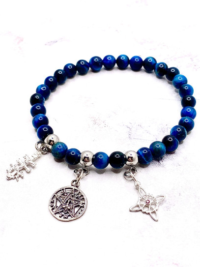 Triple protection silver bracelet: Tetragrammaton, Cross of Caravaca and Saint Benedict with blue Tiger's Eye
