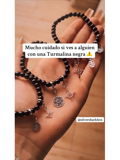 Pulsera triple protección de plata: Nudo de Bruja y Tetragramatón con Turmalina