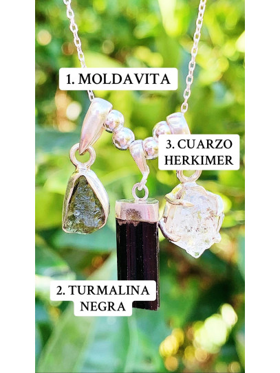 Collar triple protección definitiva de plata | Cuarzo Herkimer, Moldavita y Turmalina negra