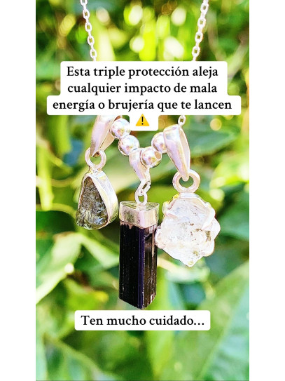 Collar triple protección definitiva de plata | Cuarzo Herkimer, Moldavita y Turmalina negra
