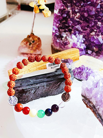 'Chakra Guardian Rudraksha' bracelet made of natural Rudraksha and the 7 chakras