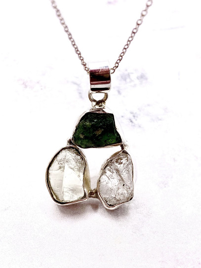 Cosmic Duality Necklace 🌠💚✨ made of Moldavite and Herkimer Quartz in silver