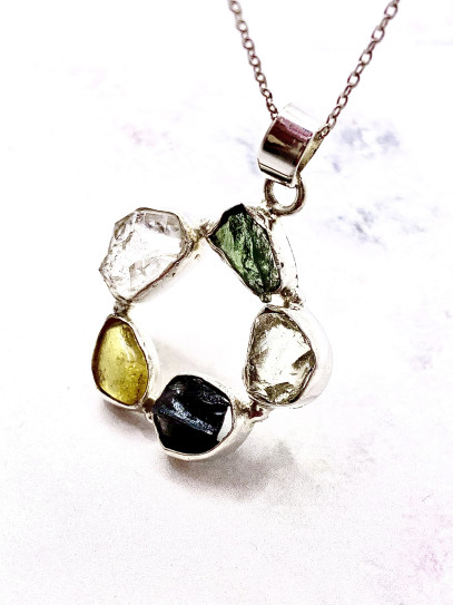 Triple Energy Portal Necklace 🌠💚✨ made of Moldavite, Citrine and Herkimer Quartz in silver
