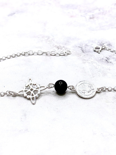 Triple protection silver bracelet: Witch's Knot and Saint Benedict with Tourmaline