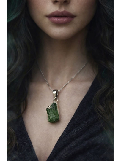 Collar de Moldavita grande de plata | Buena suerte - Espiritualidad