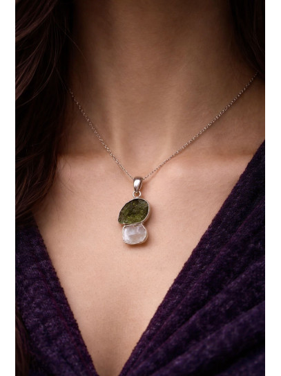 Collar Portal Estelar ✨ de Moldavita y Cuarzo Herkimer de plata | Protección