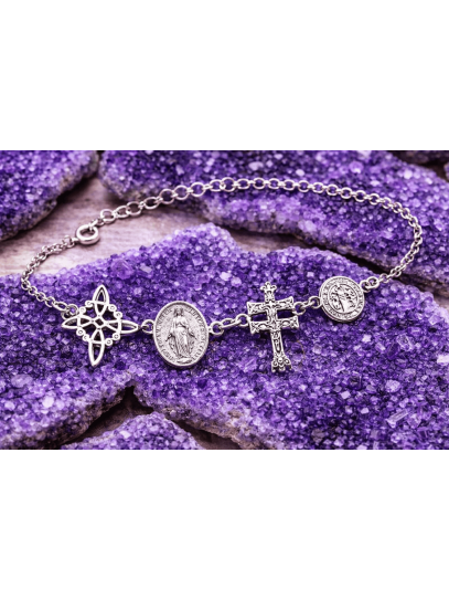 Pulsera 4 protecciones: Cruz de Caravaca, Medalla de la Milagrosa, Nudo de Bruja y San Judas Tadeo
