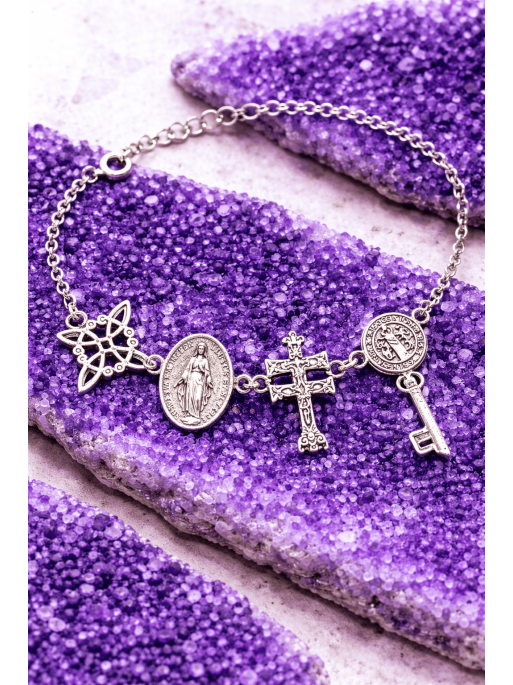 Pulsera 4 protecciones: Cruz de Caravaca, Medalla de la Milagrosa, Nudo de Bruja y San Judas Tadeo