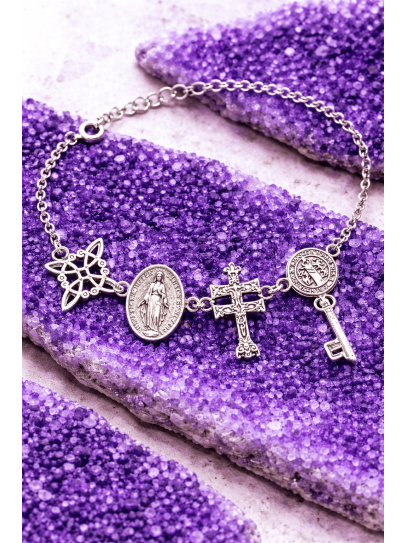 Pulsera 4 protecciones: Cruz de Caravaca, Medalla de la Milagrosa, Nudo de Bruja y San Judas Tadeo