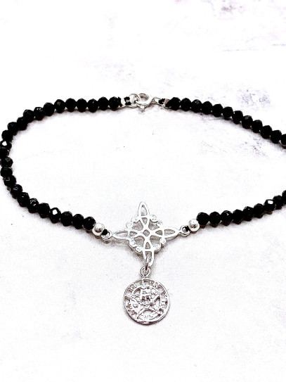 Pulsera Sagrada de Triple Protección 🔮 Plata · Nudo de Bruja · Tetragramatón · Espinela negra