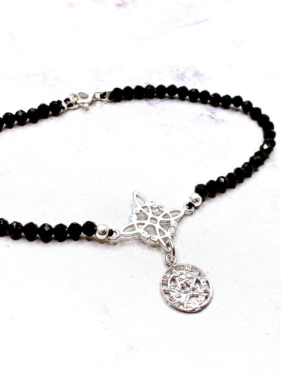 Pulsera Sagrada de Triple Protección 🔮 Plata · Nudo de Bruja · Tetragramatón · Espinela negra