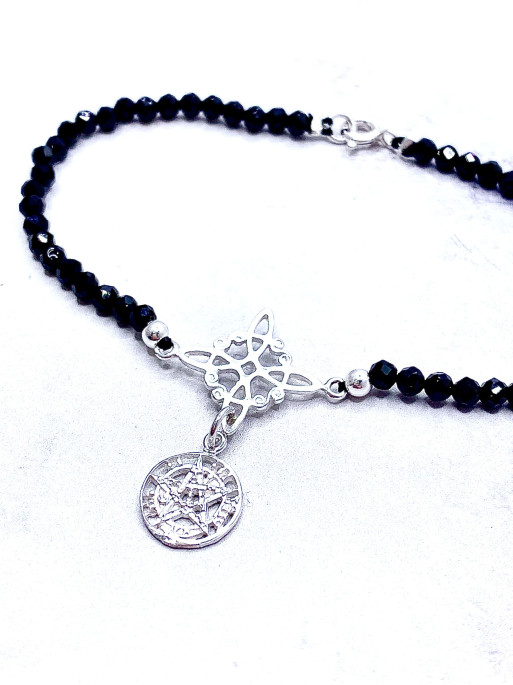 Pulsera Sagrada de Triple Protección 🔮 Plata · Nudo de Bruja · Tetragramatón · Espinela negra