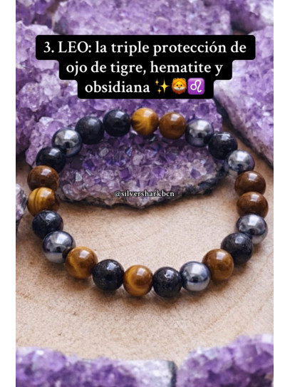 🔮 Pulsera Signo del Zodiaco Leo triple protección Obsidiana negra, Hematite y Ojo de Tigre 8mm