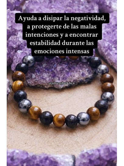 🔮 Polsera Signe del Zodíac Leo triple protecció Obsidiana negra, Hematite i Ull de Tigre 8mm