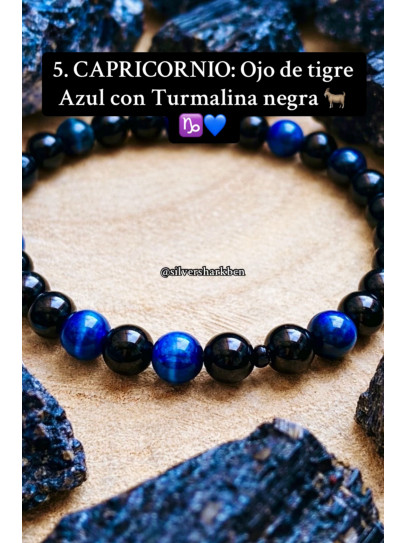 🔮 Pulsera Signo del Zodiaco Capricornio 6mm | Turmalina negra y Ojo de Tigre azul