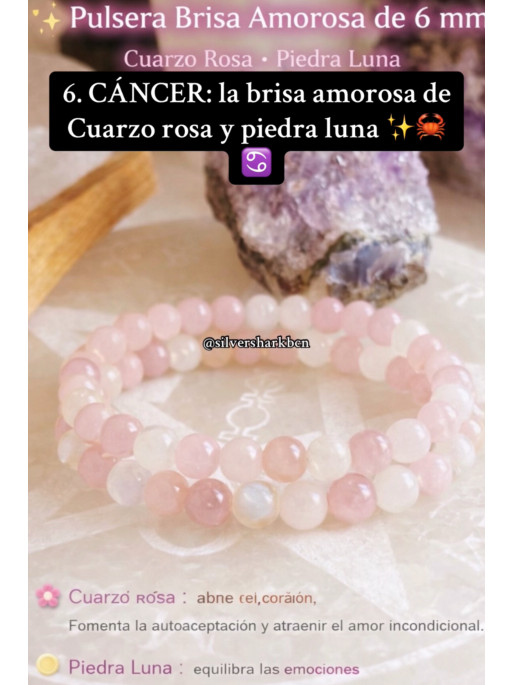 🔮 Pulsera Signo del Zodiaco Cáncer Brisa Amorosa 6mm | Cuarzo rosa y Piedra luna atrae el amor