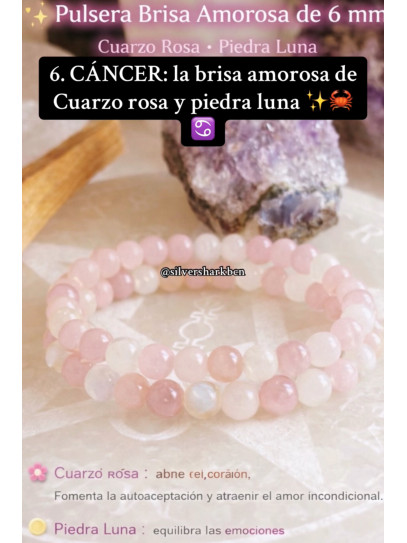 🔮 Pulsera Signo del Zodiaco Cáncer Brisa Amorosa 6mm | Cuarzo rosa y Piedra luna atrae el amor