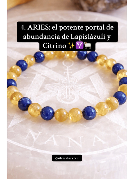 🔮 Pulsera Signo del Zodiaco Aries portal abrecaminos de Citrino y Lapislázuli 6mm - Abundancia y éxito