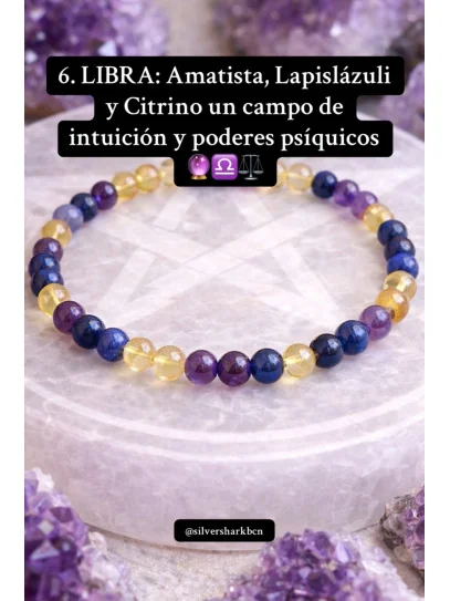 🔮 Polsera Signe del Zodíac Lliura portal intuïció de Citrí, Ametista i Lapislàtzuli 6mm 🔮 Poders psíquics
