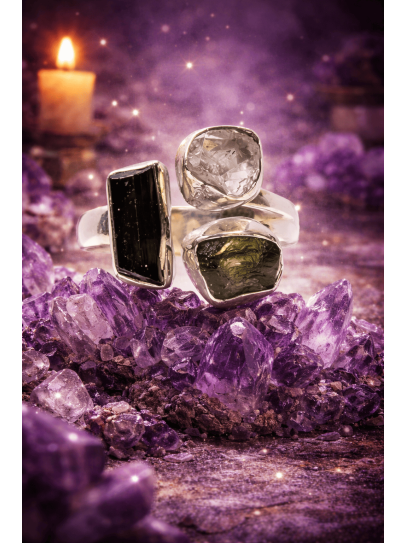 Anell Triple portal Còsmic ✨ de Moldavita, Hèrkimer i Turmalina negra | Protecció