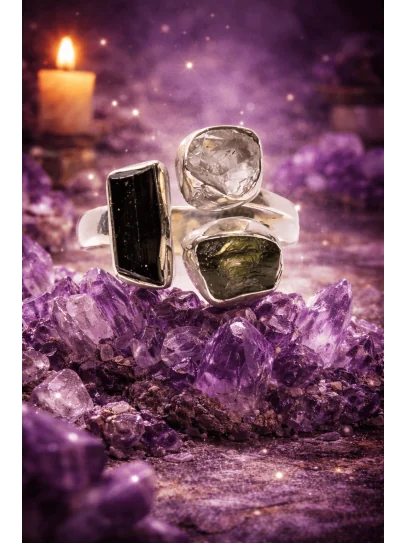 Anillo Triple portal Cósmico ✨ de Moldavita, Hérkimer y Turmalina negra | Protección
