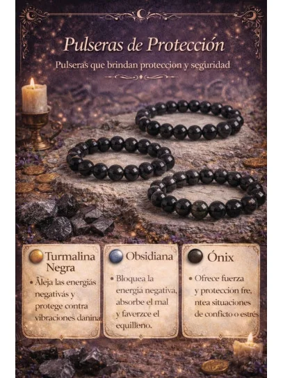 Black obsidian bracelet with triple silver protection: Witch's Knot, Caravaca Cross and Saint Benedict