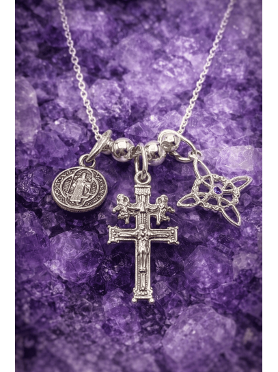 Triple protection silver necklace: Amethyst Witch's Knot, large Caravaca Cross and Saint Benedict Medal
