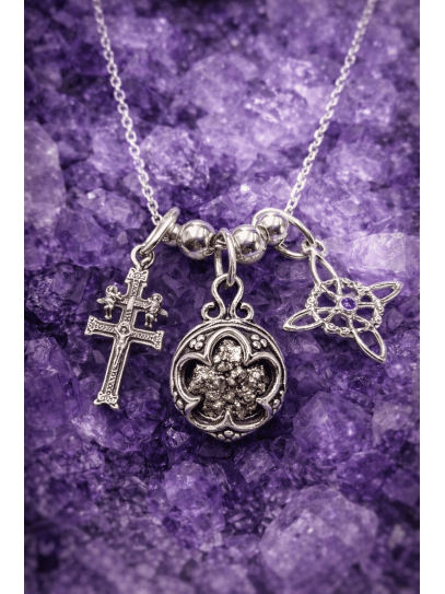 Triple 'Gotland' necklace of Pyrite, Witch's Knot and Caravaca Cross - Magnet of abundance