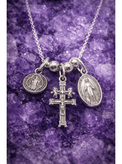 Triple Celestial Protection Necklace ✨ Caravaca Cross, Saint Benedict and Miraculous Medal
