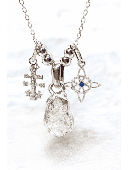 Triple Cosmic Light Necklace ✨ of Herkimer Quartz, Caravaca Cross and Witch's Knot