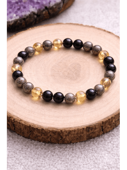 Pulsera triple protección atracción del dinero ✨ Turmalina, Citrino y Pirita