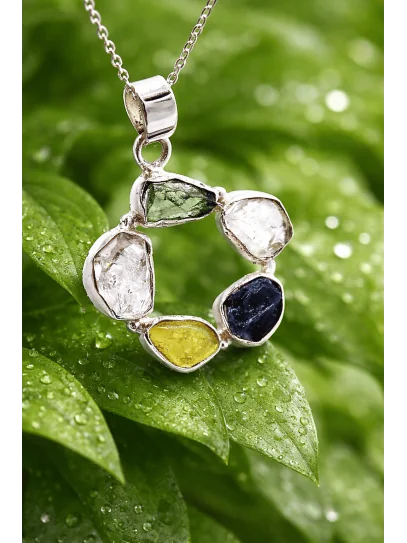 Collaret Triple Portal Energètic 🌠💚✨ de Moldavita, Citrí i Quars Herkimer de plata