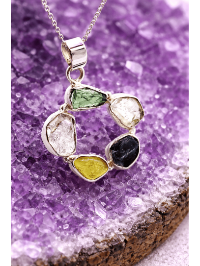 Collar Triple Portal Energético 🌠💚✨ de Moldavita, Citrino y Cuarzo Herkimer de plata