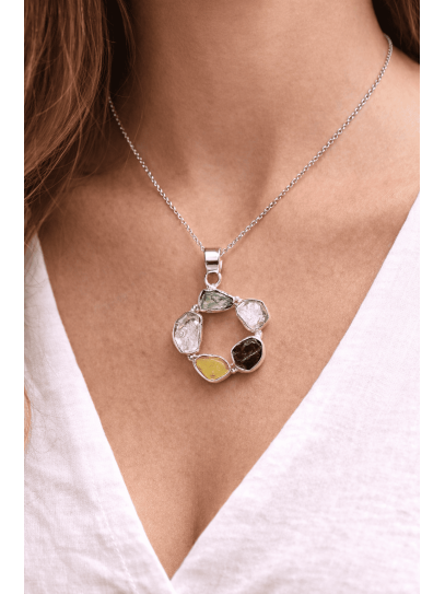 Collar Triple Portal Energético 🌠💚✨ de Moldavita, Citrino y Cuarzo Herkimer de plata