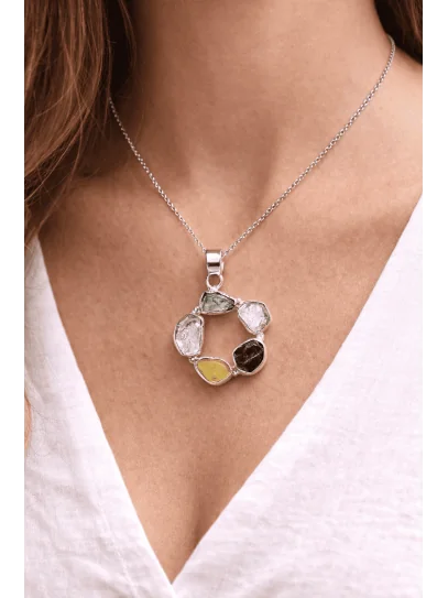 Collaret Triple Portal Energètic 🌠💚✨ de Moldavita, Citrí i Quars Herkimer de plata