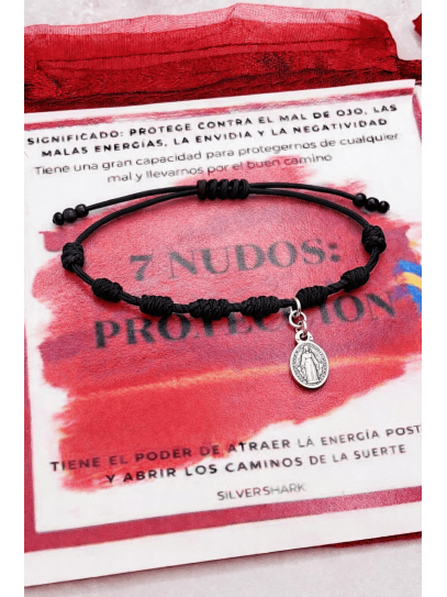 Bracelet with 7 black protection knots and the Virgin of the Miraculous Medal